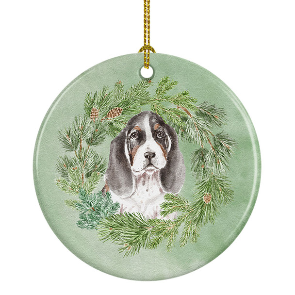 Basset Hound Puppy Tricolor Christmas Wreath Ceramic Ornament product image at NuMercy