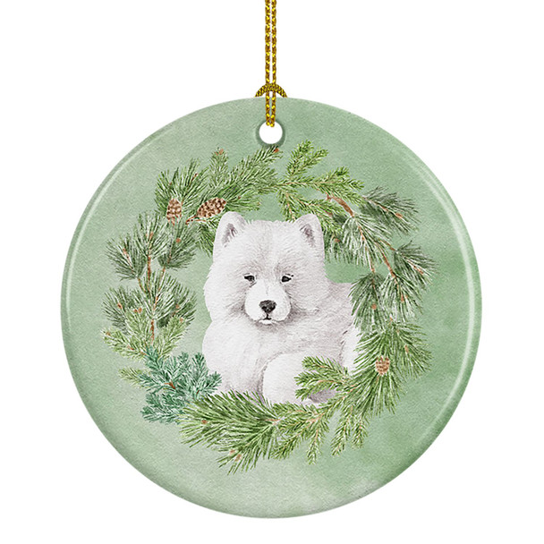 Samoyed Puppy Christmas Wreath Ceramic Ornament product image at NuMercy