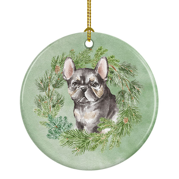 French Bulldog Puppy Black Christmas Wreath Ceramic Ornament product image at NuMercy