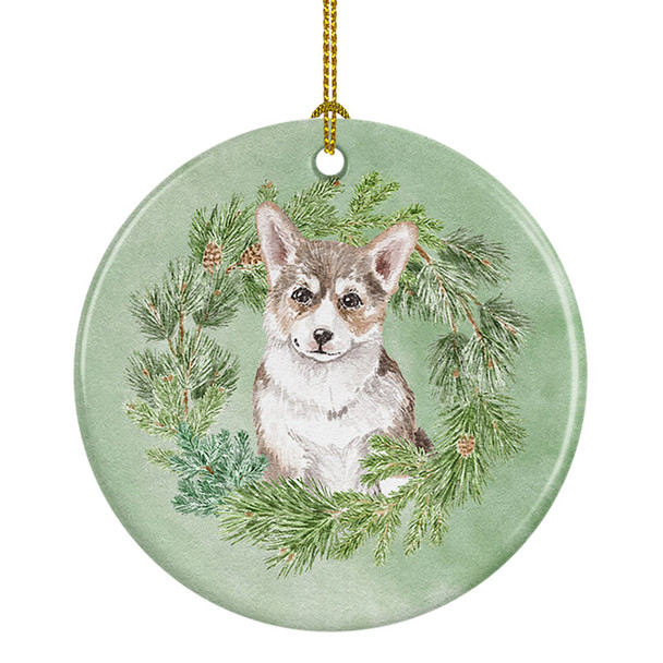 Corgi Puppy Sable Christmas Wreath Ceramic Ornament product image at NuMercy