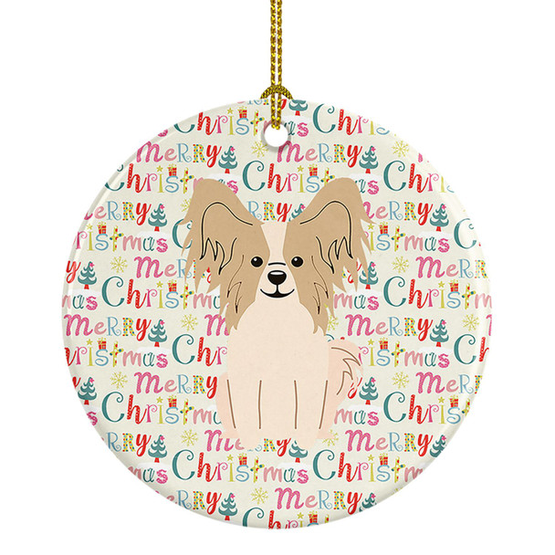 Merry Christmas Papillon Sable White Ceramic Ornament product image at NuMercy