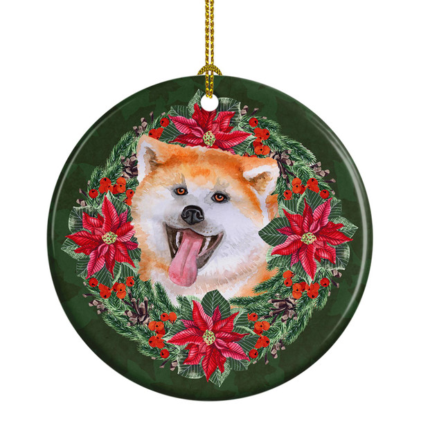 Akita Poinsettia Wreath Ceramic Christmas Ornament product image at NuMercy