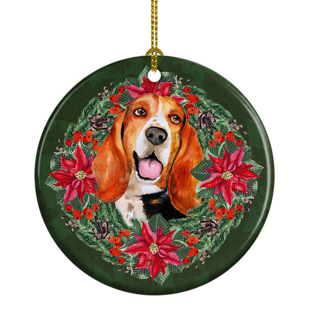 Basset Hound Poinsettia Wreath Ceramic Christmas Ornament product image at NuMercy