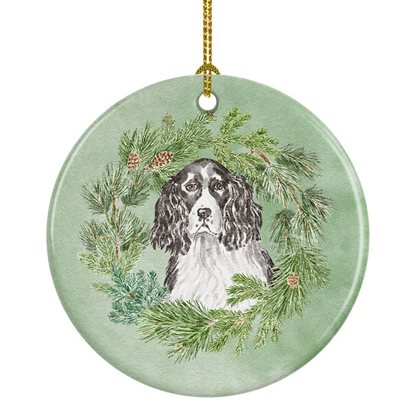 English Springer Spaniel Black and White Christmas Wreath Ceramic Ornament product image at NuMercy