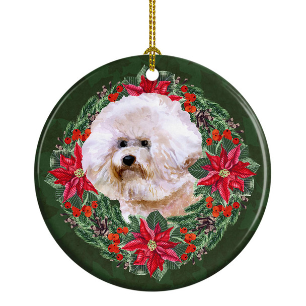 Bichon Frise #2 Poinsettia Wreath Ceramic Christmas Ornament product image at NuMercy