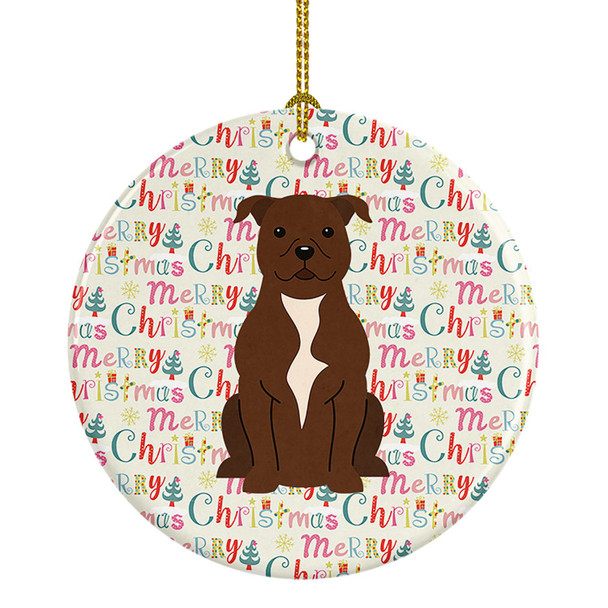 Merry Christmas Staffordshire Bull Terrier Chocolate Ceramic Ornament product image at NuMercy