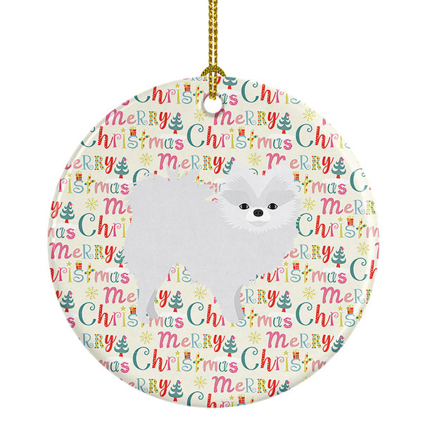 White Pomeranian Merry Christmas Ceramic Ornament product image at NuMercy