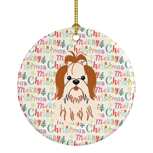 Merry Christmas Shih Tzu Red White Ceramic Ornament product image at NuMercy