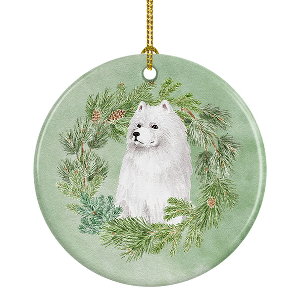 Samoyed Sitting Christmas Wreath Ceramic Ornament product image at NuMercy