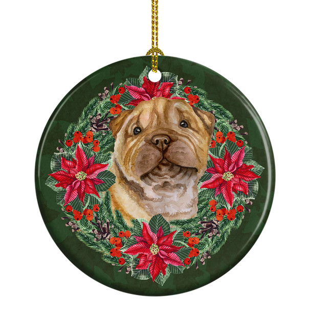Shar Pei Puppy Poinsettia Wreath Ceramic Christmas Ornament product image at NuMercy