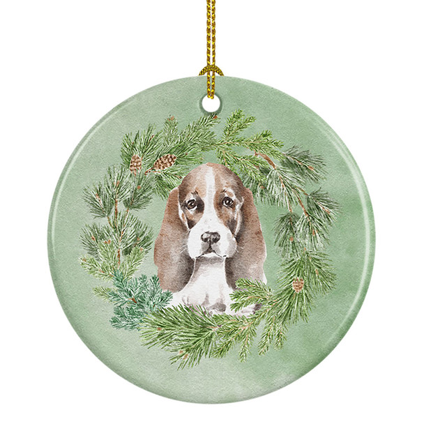 Basset Hound Puppy Brown White and Black Christmas Wreath Ceramic Ornament product image at NuMercy