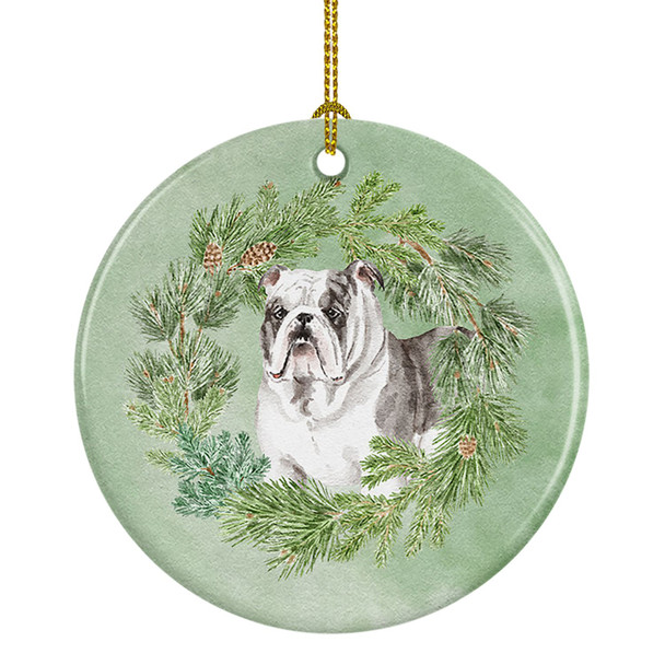 Bulldog Brindled Christmas Wreath Ceramic Ornament product image at NuMercy