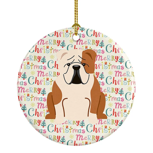 Merry Christmas English Bulldog Fawn White Ceramic Ornament product image at NuMercy