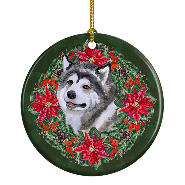 Alaskan Malamute Poinsettia Wreath Ceramic Christmas Ornament product image at NuMercy