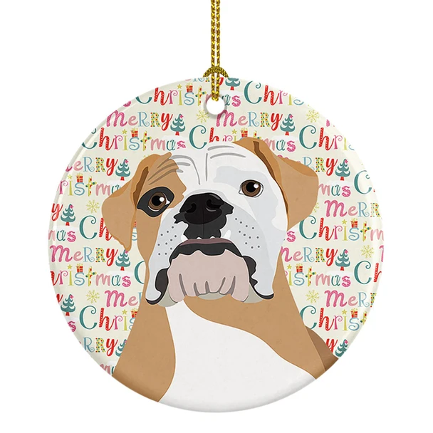 English Bulldog Fawn and White Christmas Ceramic Ornament product image at NuMercy