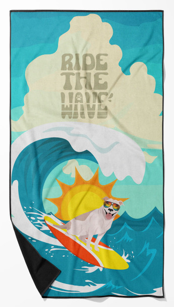 Surfer Dog White Tan Pit Bull Terrier Premium Beach Towel Oversized product image at NuMercy
