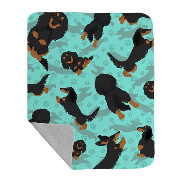 Longhaired Black Tan Dachshund Artwork Pattern Quilted Throw Blanket 50" x 60" product image at NuMercy