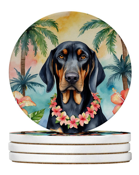 Black and Tan Coonhound Luau Large Sandstone Absorbent Round Coasters Pack of 4 product image at NuMercy