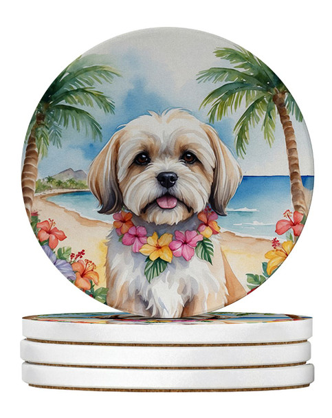 Lhasa Apso Luau Large Sandstone Absorbent Round Coasters Pack of 4 DAC6469 product image at NuMercy