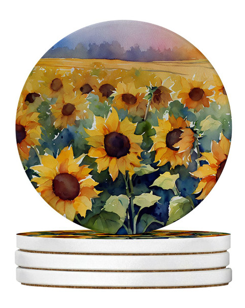 Sunflowers in Watercolor Large Sandstone Absorbent Round Coasters Pack of 4 DAC1617 product image at NuMercy