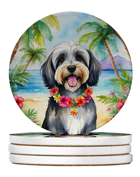 Tibetan Terrier Luau Large Sandstone Absorbent Round Coasters Pack of 4 product image at NuMercy