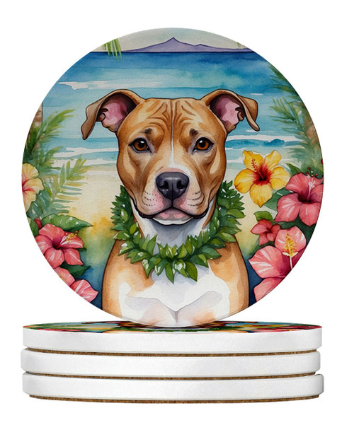 Pit Bull Terrier Luau Large Sandstone Absorbent Round Coasters Pack of 4 DAC6490 product image at NuMercy