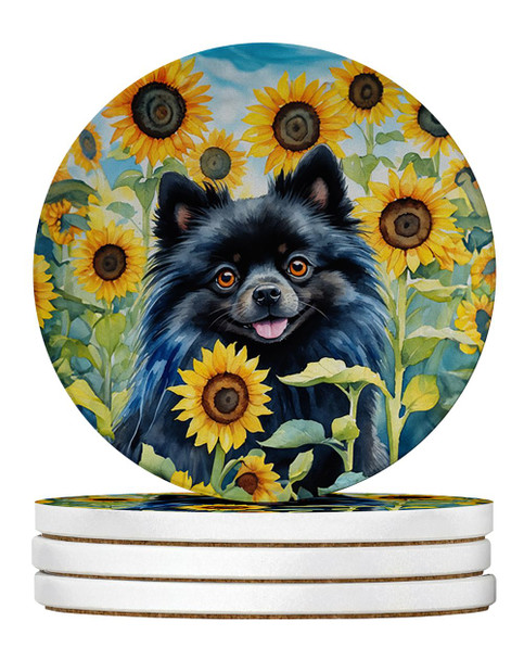 Pomeranian in Sunflowers Large Sandstone Absorbent Round Coasters Pack of 4 DAC6135 product image at NuMercy