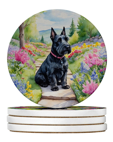 Scottish Terrier Spring Path Large Sandstone Absorbent Round Coasters Pack of 4 product image at NuMercy