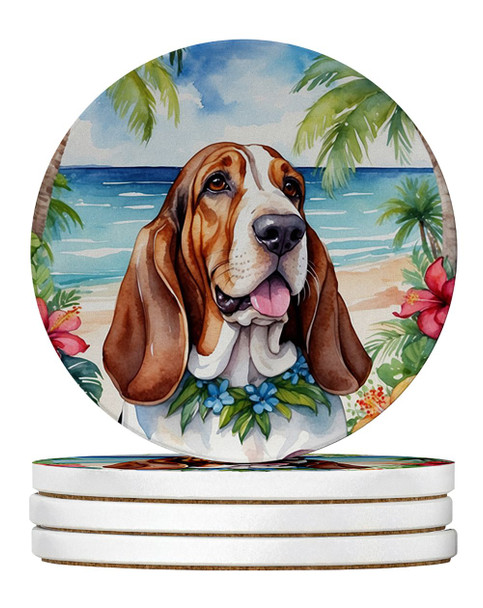 Basset Hound Luau Large Sandstone Absorbent Round Coasters Pack of 4 product image at NuMercy