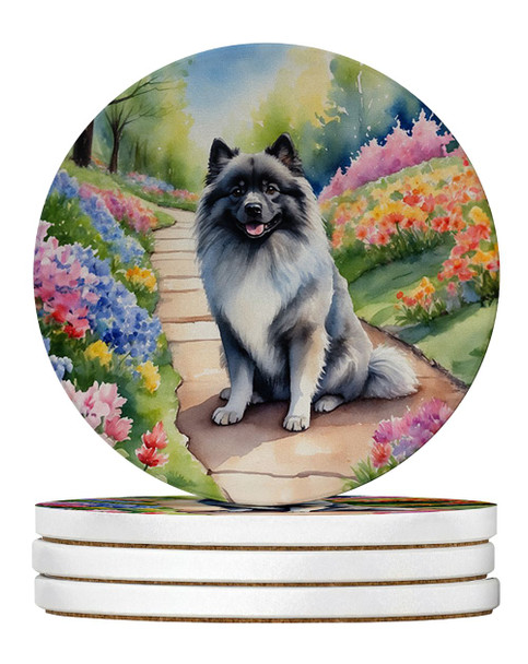 Keeshond Spring Path Large Sandstone Absorbent Round Coasters Pack of 4 product image at NuMercy