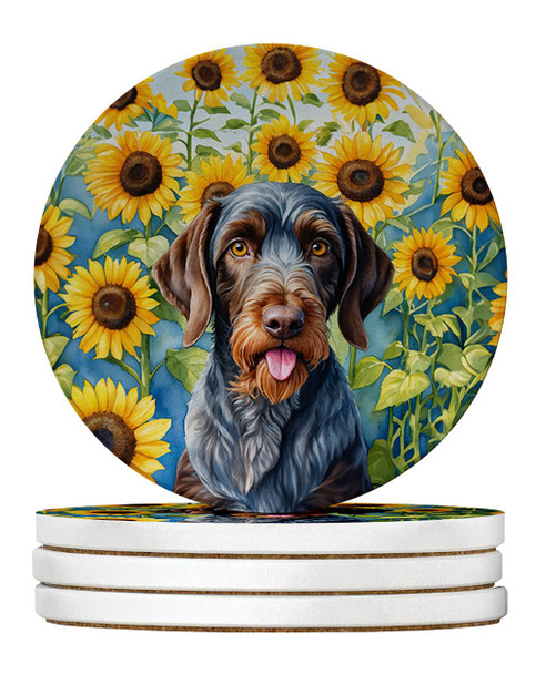 German Wirehaired Pointer in Sunflowers Large Sandstone Absorbent Round Coasters Pack of 4 product image at NuMercy
