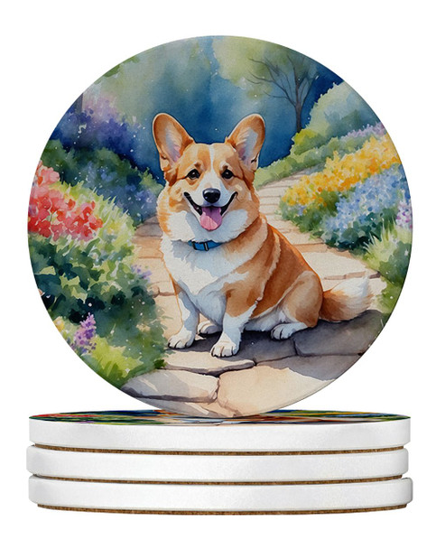 Corgi Spring Path Large Sandstone Absorbent Round Coasters Pack of 4 DAC6609 product image at NuMercy
