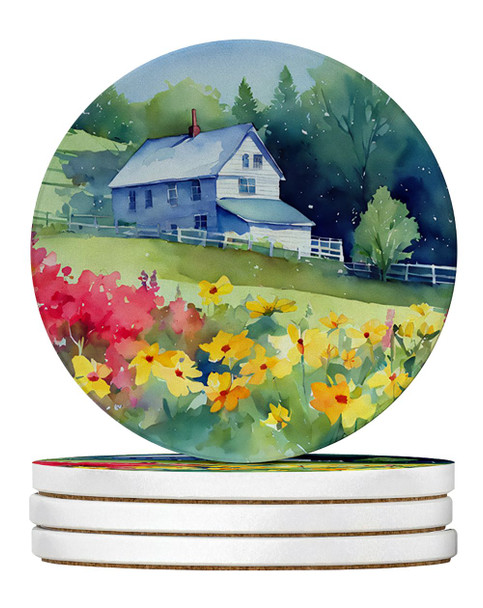 Massachusetts Mayflowers in Watercolor Large Sandstone Absorbent Round Coasters Pack of 4 DAC1668 product image at NuMercy