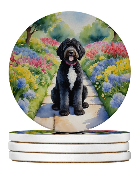 Portuguese Water Dog Spring Path Large Sandstone Absorbent Round Coasters Pack of 4 product image at NuMercy