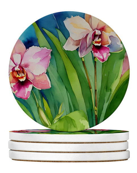 Orchids in Watercolor Large Sandstone Absorbent Round Coasters Pack of 4 DAC1555 product image at NuMercy