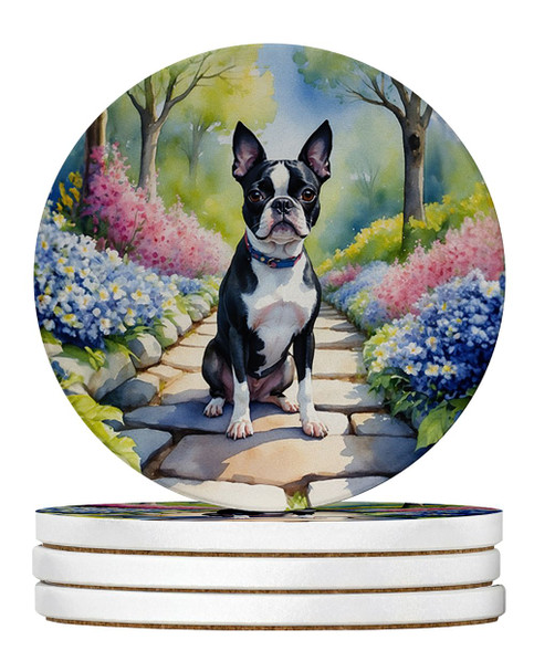 Boston Terrier Spring Path Large Sandstone Absorbent Round Coasters Pack of 4 DAC6577 product image at NuMercy