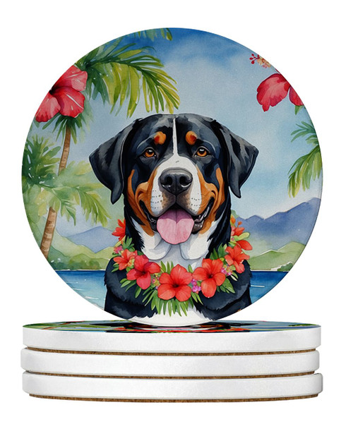 Greater Swiss Mountain Dog Luau Large Sandstone Absorbent Round Coasters Pack of 4 product image at NuMercy