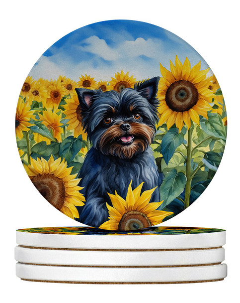 Affenpinscher in Sunflowers Large Sandstone Absorbent Round Coasters Pack of 4 product image at NuMercy