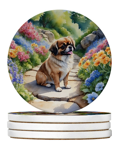 Tibetan Spaniel Spring Path Large Sandstone Absorbent Round Coasters Pack of 4 product image at NuMercy
