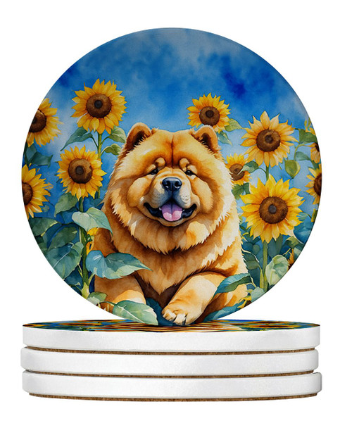 Chow Chow in Sunflowers Large Sandstone Absorbent Round Coasters Pack of 4 DAC6055 product image at NuMercy