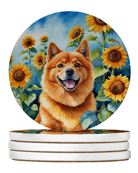 Finnish Spitz in Sunflowers Large Sandstone Absorbent Round Coasters Pack of 4 product image at NuMercy