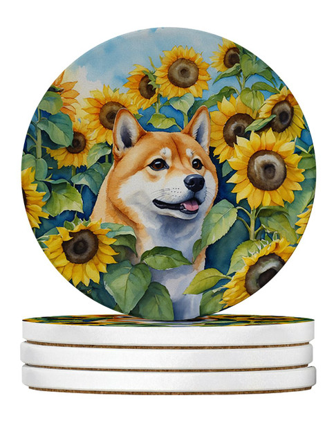 Shiba Inu in Sunflowers Large Sandstone Absorbent Round Coasters Pack of 4 product image at NuMercy