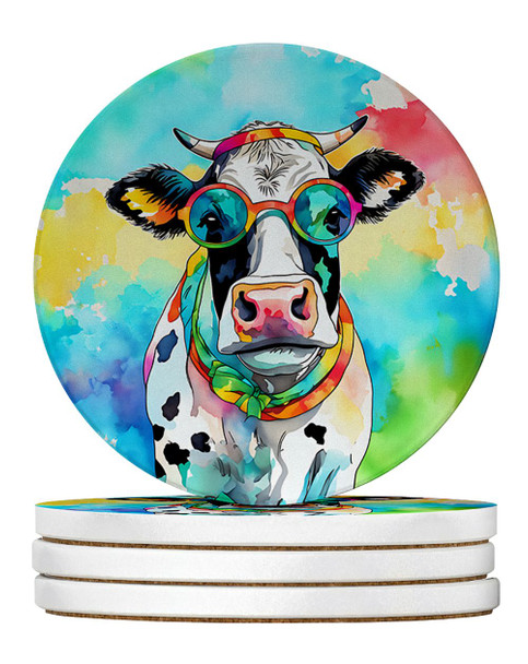 Hippie Animal Cow Large Sandstone Absorbent Round Coasters Pack of 4 DAC3995 product image at NuMercy