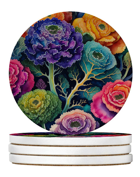 Colorful Ornamental Kale Large Sandstone Absorbent Round Coasters Pack of 4 product image at NuMercy