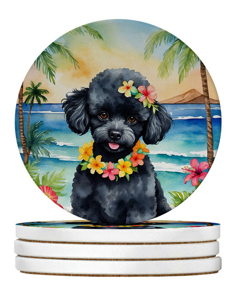 Black Poodle Luau Large Sandstone Absorbent Round Coasters Pack of 4 DAC6498 product image at NuMercy