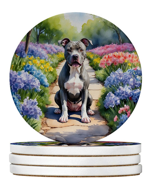 Pit Bull Terrier Spring Path Large Sandstone Absorbent Round Coasters Pack of 4 DAC6688 product image at NuMercy