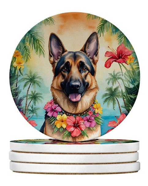 German Shepherd Luau Large Sandstone Absorbent Round Coasters Pack of 4 product image at NuMercy
