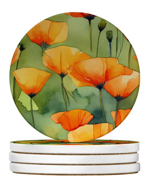 California California Poppies in Watercolor Large Sandstone Absorbent Round Coasters Pack of 4 DAC1630 product image at NuMercy