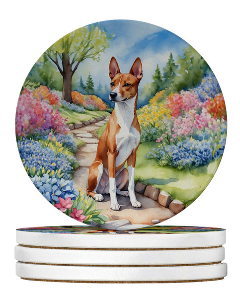 Basenji Spring Garden Large Sandstone Absorbent Round Coasters Pack of 4 product image at NuMercy