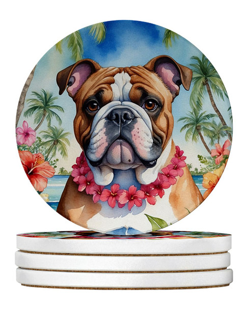 English Bulldog Luau Large Sandstone Absorbent Round Coasters Pack of 4 DAC6426 product image at NuMercy